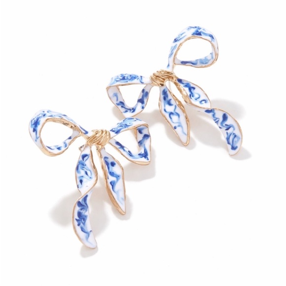 Anthropologie Jewelry - New! Blue Oil Drip Porcelain Bow Gold Earrings (3005) NWOT